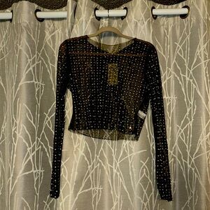 sheer black top with rhinestones and pearls